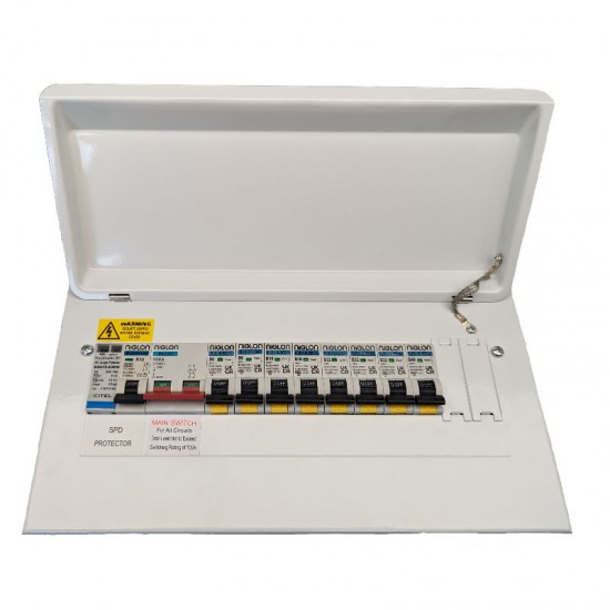 NIGLON M3CU14SP 10 Way Isolator Controlled (SPD inc.) Consumer Unit. C/w 8 x Rcbo's